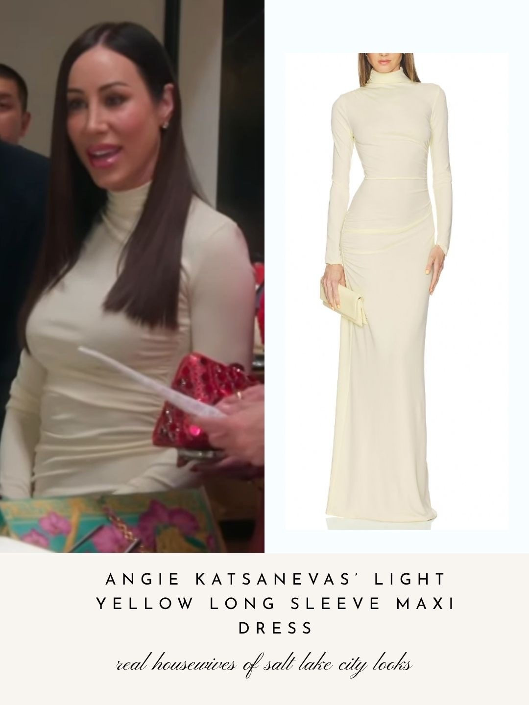 Angie Katsanevas’ Light Yellow Long Sleeve Maxi Dress