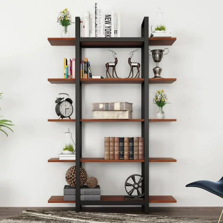 Tribesigns 5-Tier Bookshelf, Vintage Industrial Style Bookcase 72" H x 12" W x 47" L, Cherry | Walmart (US)