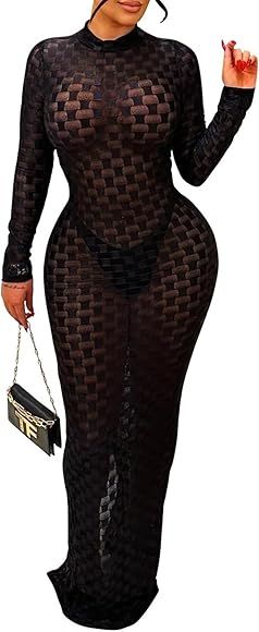 Ophestin Women Sexy Long Sleeve Turtleneck Floral Stripe Print Bodycon Slim Sheath Long Midi Penc... | Amazon (US)