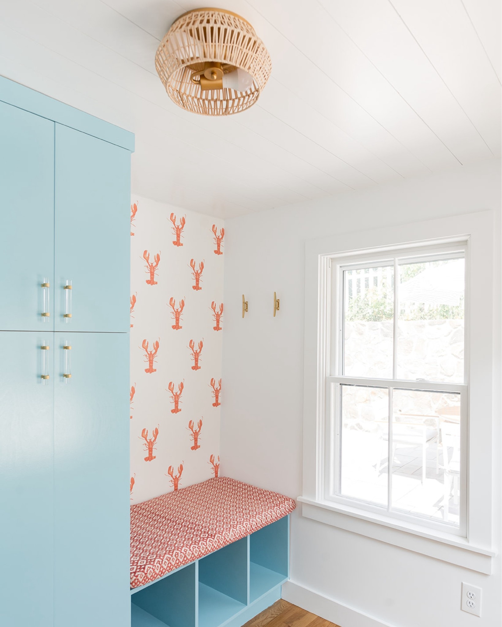 sharing another shot of the mudroom at the #mixedusemini because the lobster wallpaper is just that good! we still can't get over the before and after for this once overlooked room. normally, we wouldn't suggest removing or downsizing a window, but in this case, it was worth it to switch out the bay window for a smaller option more appropriate for the scale of the room, especially because it allowed space to add beautiful built-in cabinets and a bench. #dwelloctoberstay #dwelloctober

#LTKHome