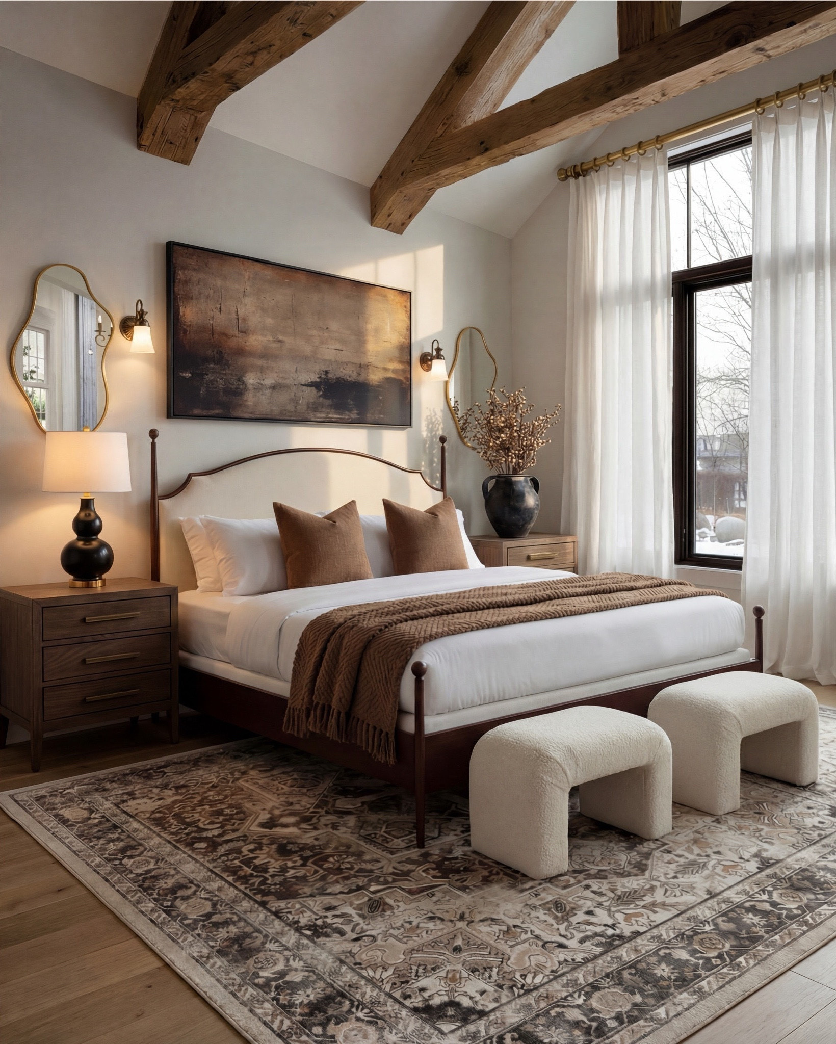 Shop the Look: Bedroom Refresh
• Dark wood bed frame with curved headboard
• Crisp white bedding set (duvet + sheets)
• Warm brown accent pillows
• Textured knit or woven throw blanket (camel/brown)
• Ivory boucle bench stools (set of two)
• Vintage-style patterned area rug (neutral brown + taupe tones)
• Wood nightstands with drawers
• Table lamps with white drum shades
• Wall sconces with brass detail
• Framed landscape artwork above bed
• Organic-shaped wall mirrors (brass frame)
• Black fluted dresser with brass hardware
• Round brass wall mirror
• Sculptural white ceramic bowl
• Decorative books with wood bead garland
• Neutral ceramic vase with dried branches
• Upholstered accent chair (cream fabric, wood frame)
• Slim brass floor lamp with white shade

#LTKhome #LTKsale #LTKstyletip