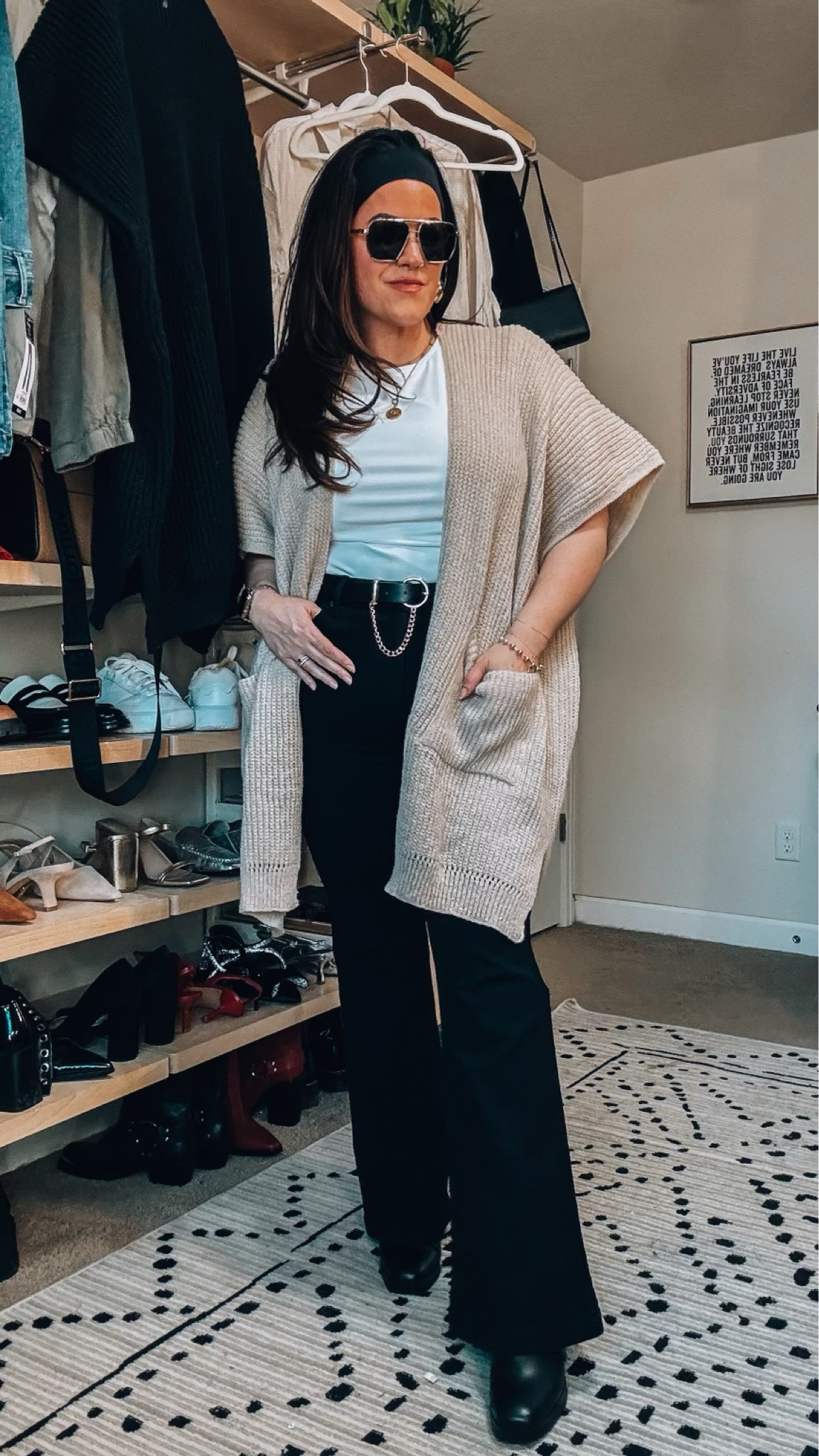 Midsize Walmart work outfit
Shawl is one size 
Double lined tee is an xl 
Chain belt xl
Black flare jeans size 14 
  

#LTKSeasonal #LTKmidsize #LTKworkwear