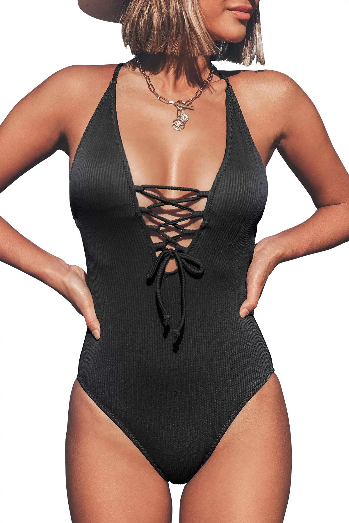 Cupshe Women's Black V Neck One Piece Swimsuit Lace Up Monokini, M | Walmart (US)