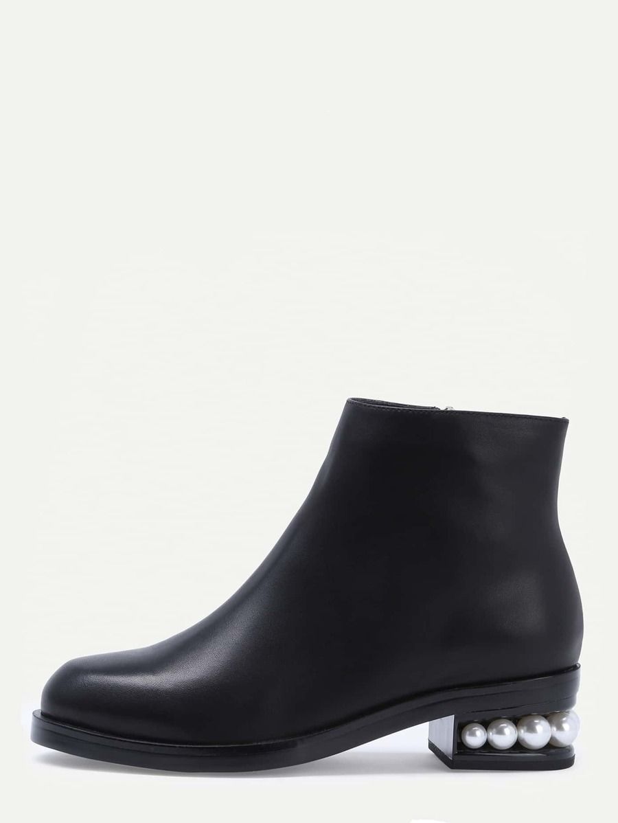 Black Faux Leather Side Zipper Pearl Heel Ankle Boots | SHEIN