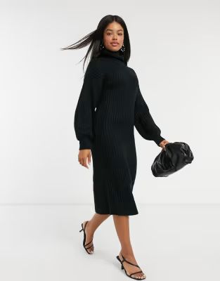 ASOS DESIGN midi rib dress with cowl neck in black | ASOS (Global)