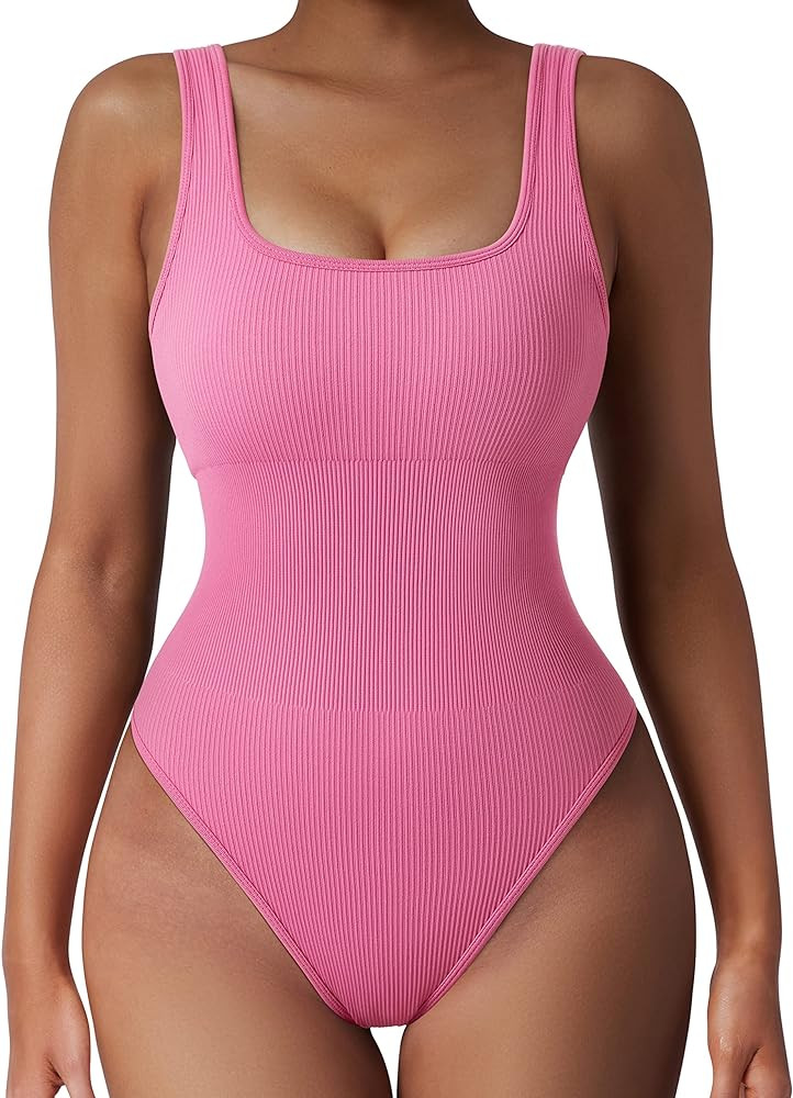 SUUKSESS Women Ribbed Sexy Bodysuit Sleeveless Square Neck Padded Tank Top | Amazon (US)