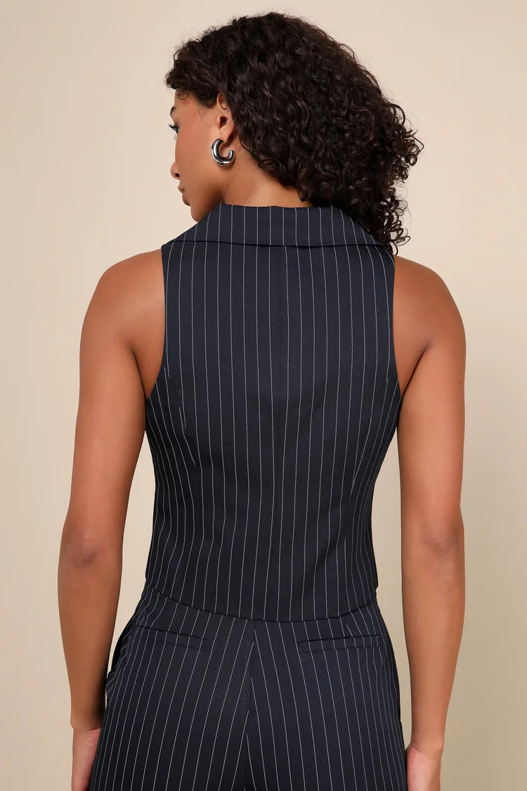 Confident Appeal Navy Blue Pinstripe Collared Vest Top | Lulus