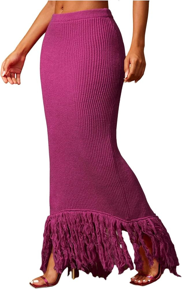 Milumia Women's Ribbed Knit Fringe Maxi Skirt Elegant High Waist Back Slit Bodycon Sweater Skirts | Amazon (US)