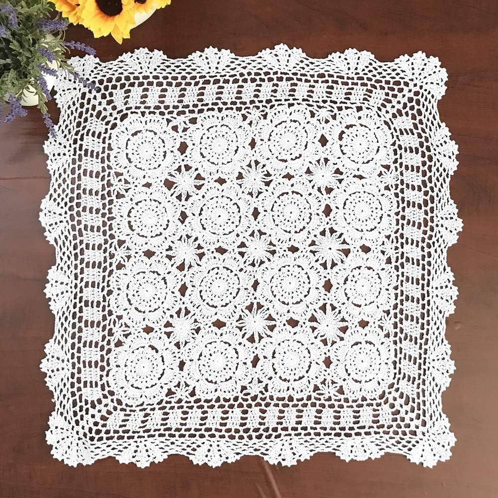 Hetao 100% Cotton Handmade Crochet Square Tablecloth Doilies Lace Table Covers,White, 23 Inch | Amazon (US)