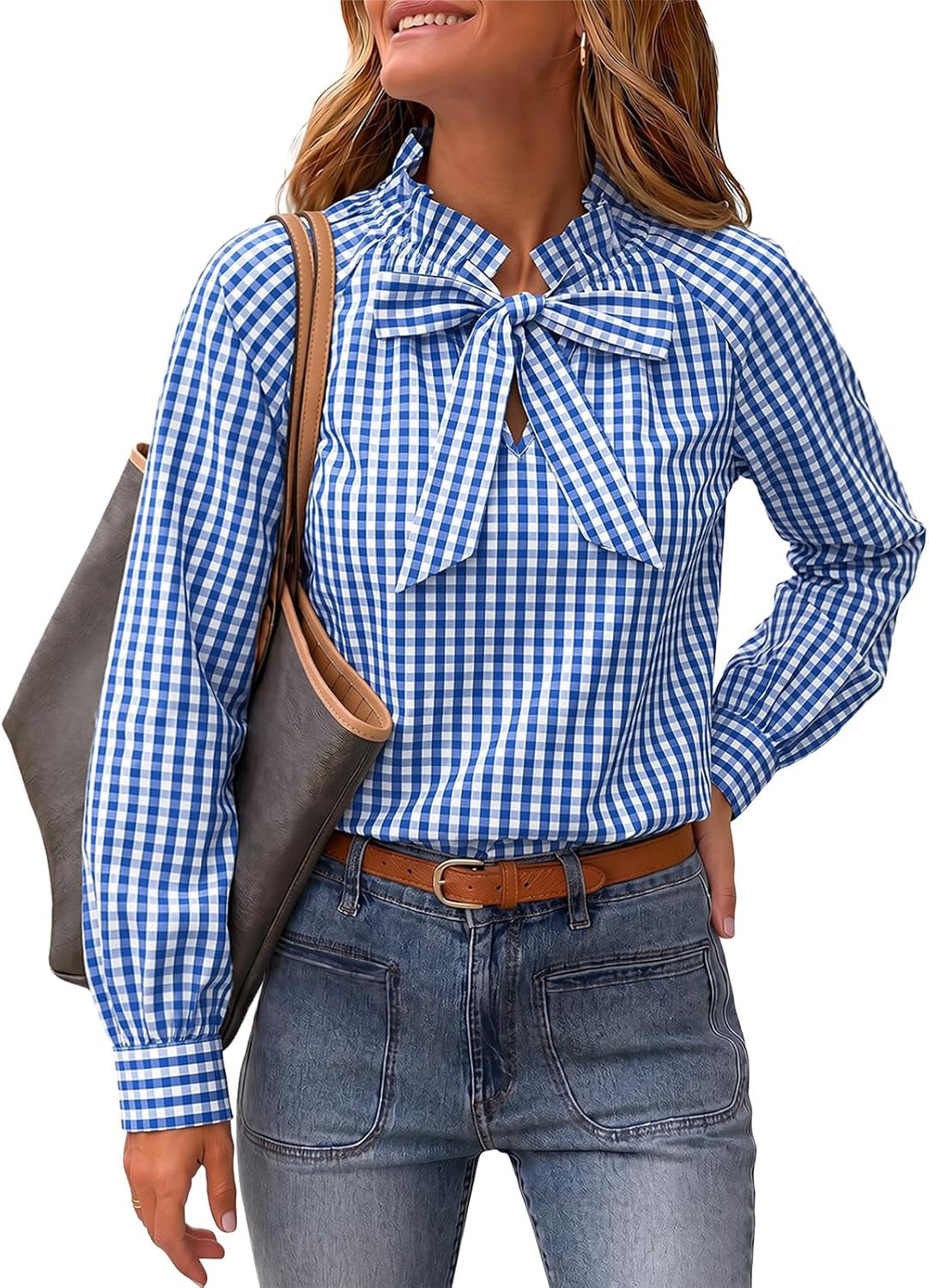 Cicy Bell Womens Striped Bow Tie Blouse Puff Long Sleeve Ruffle Cotton Tops | Amazon (US)