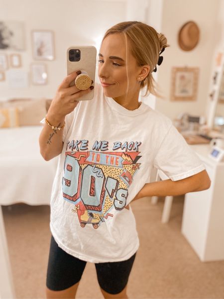 take me back to the 90s, 90s kid, 90s t-shirt, summer graphic tees, retro graphic tee, black bike shorts, long bike shorts, casual outfit, mom style

#LTKstyletip #LTKsalealert #LTKunder50
