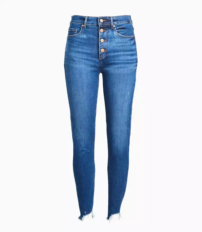 Curvy High Rise Button Front Chewed Hem Skinny Jeans in Rich Authentic Indigo Wash | LOFT