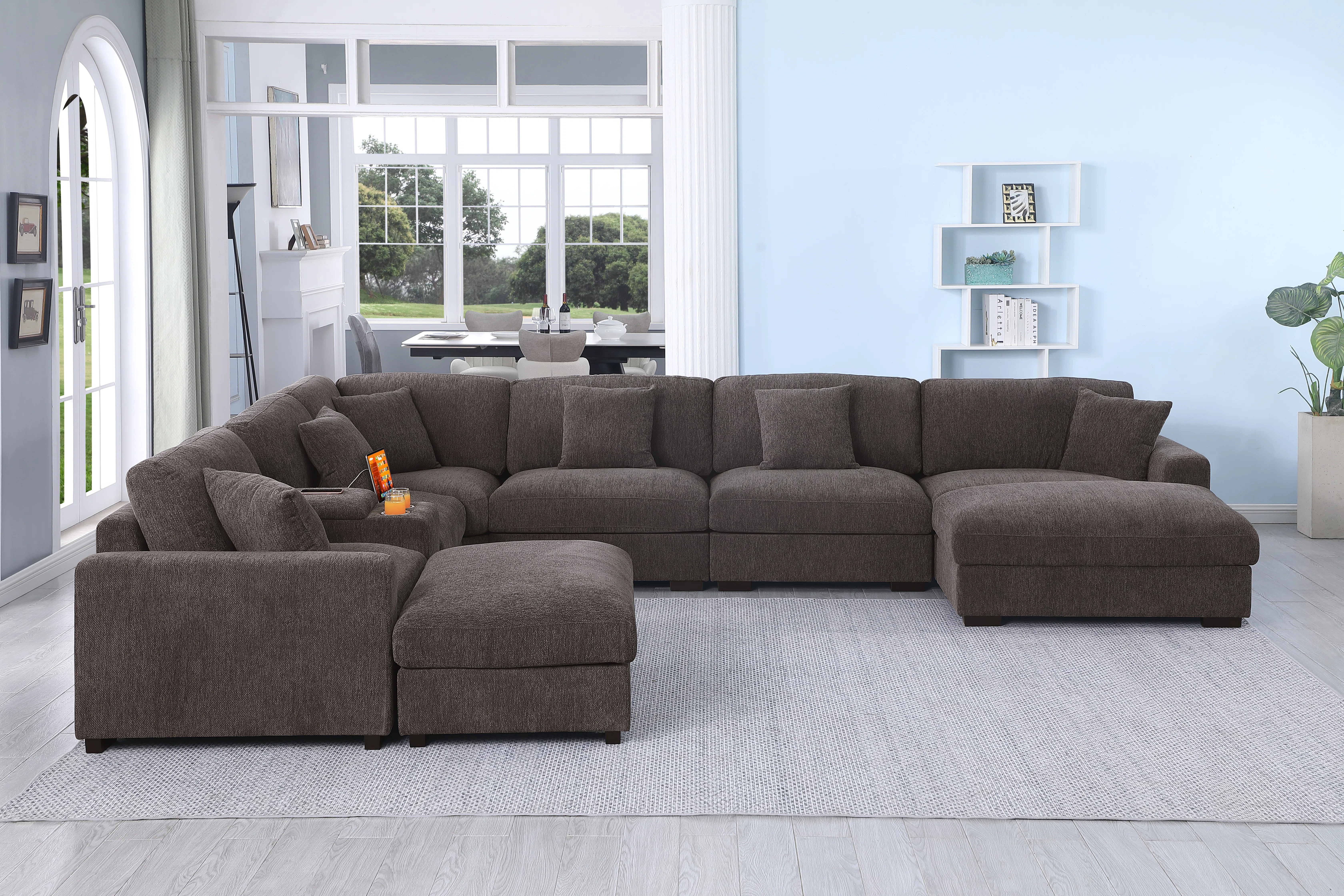 Modern 8 Seats Upholstered Cloud Corner Sectional Sofa With Console& Two Ottomans | Wayfair North America