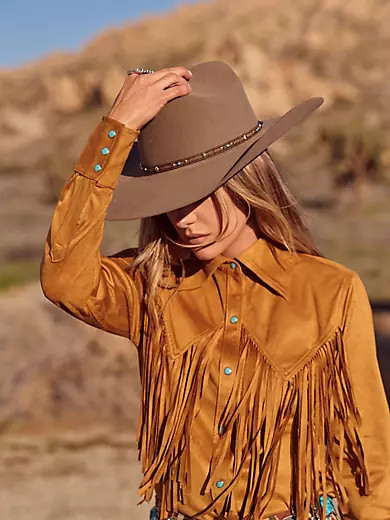 Wrangler x Lainey Wilson Fringe Snap Shirt in Bone Brown | Wrangler