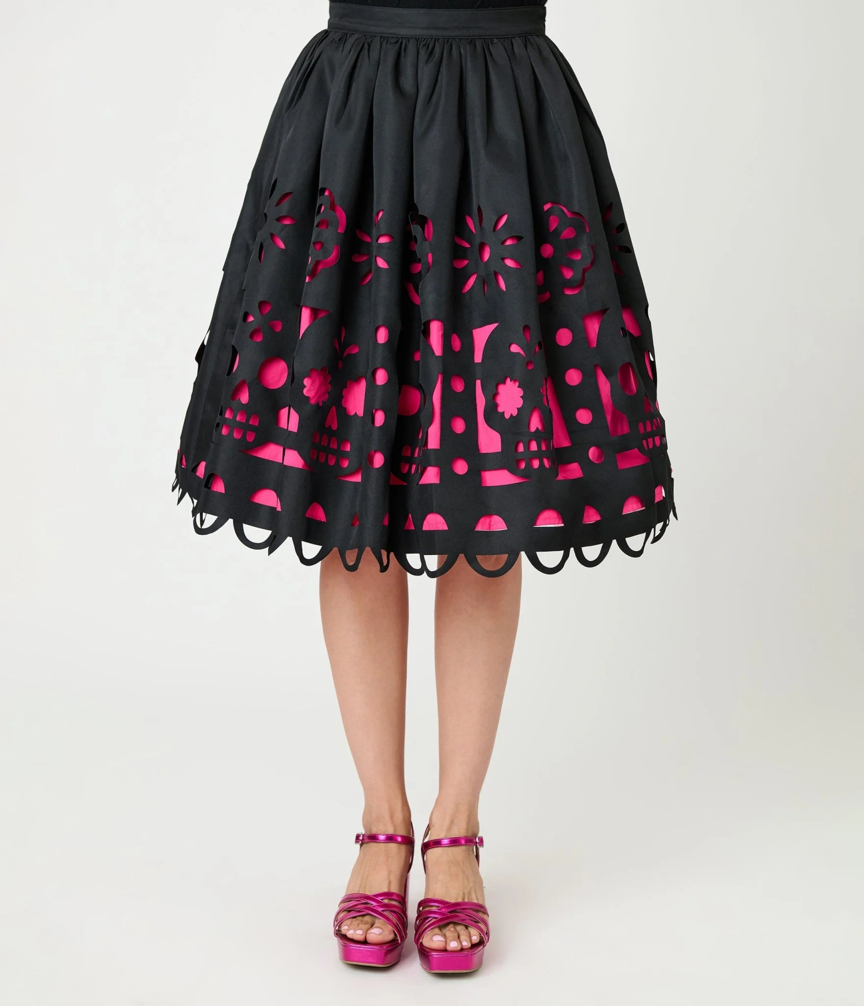 Unique Vintage Black & Pink Day of the Dead Skull Cutout Swing Skirt | UniqueVintage