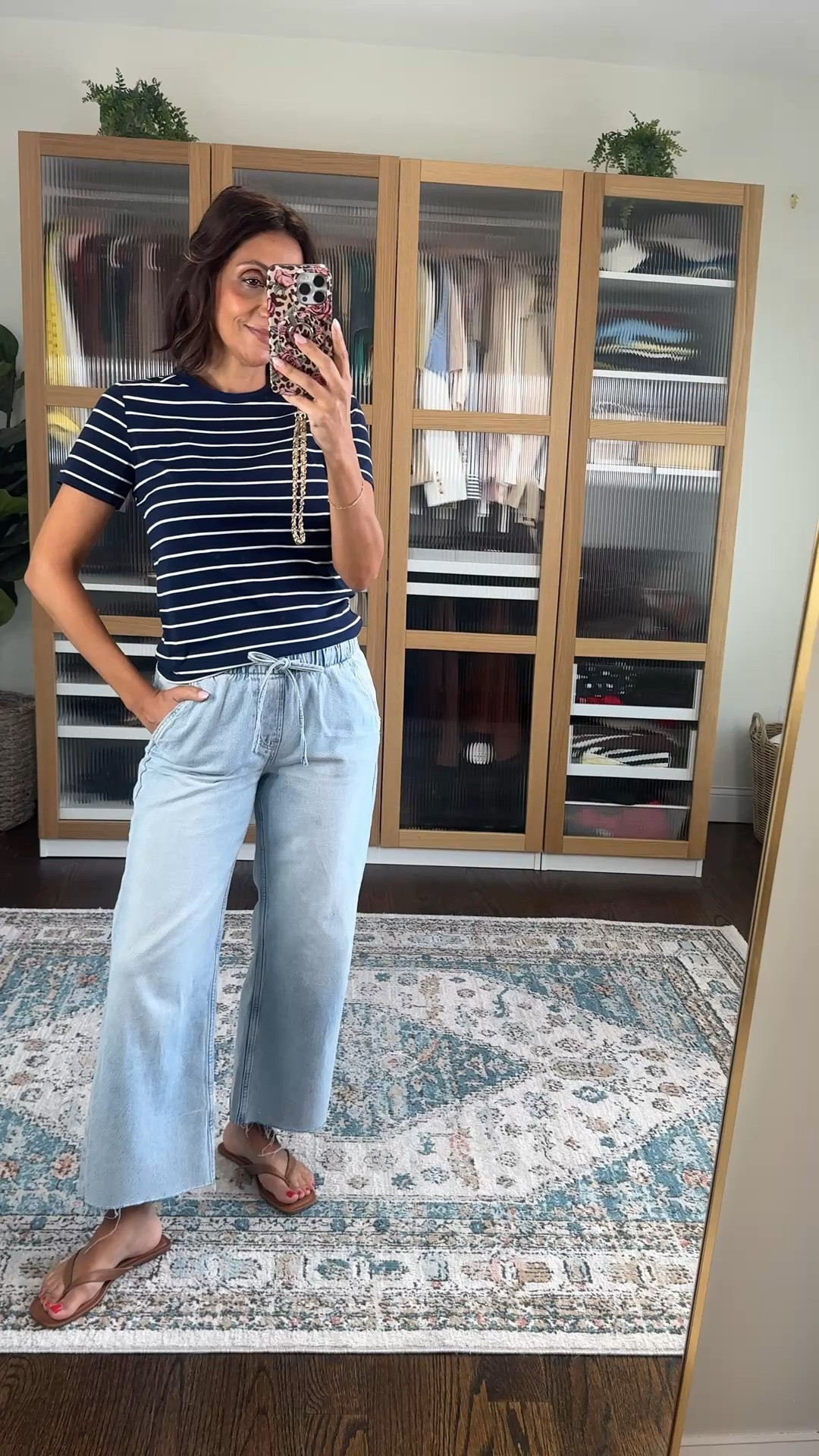 Tia sale is too good! Use code YOURS for 30% off before sale ends 
The perfect casual ootd
@gap jeans @gap tee
Gap style 
Cropped wide leg jeans pull drawstring size xs
Xs striped boxy tee
@stevemadden-us sandals so chic and comfy

#LTKootd #LTKSaleAlert
