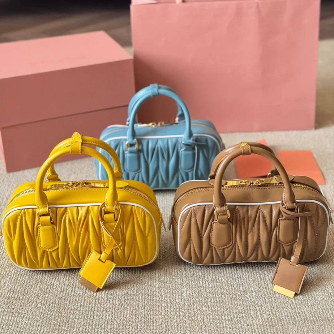 Real Sheep Leather Soft Shoulder Bags Women Bowling Style Handbags Zipper Pleated Chic Two-tone D... | DHGate