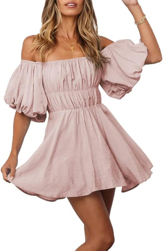 Dokotoo Womens Off Shoulder Summer Dresses Short Lantern Sleeve Ruffle Elastic Waist A-Line Casua... | Amazon (US)