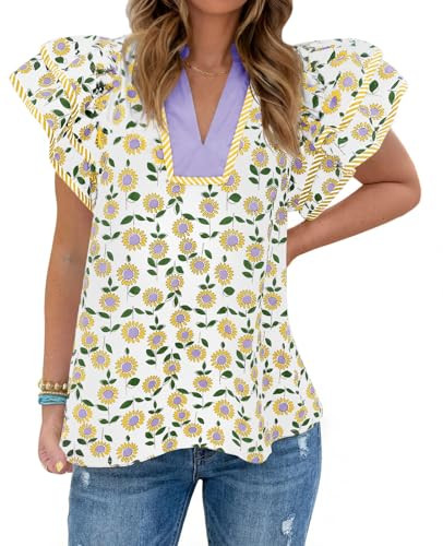 Tankaneo Womens Ruffle Sleeve Floral Blouses Summer Dressy Casual V Neck Tops Loose Fit Pleated F... | Amazon (US)