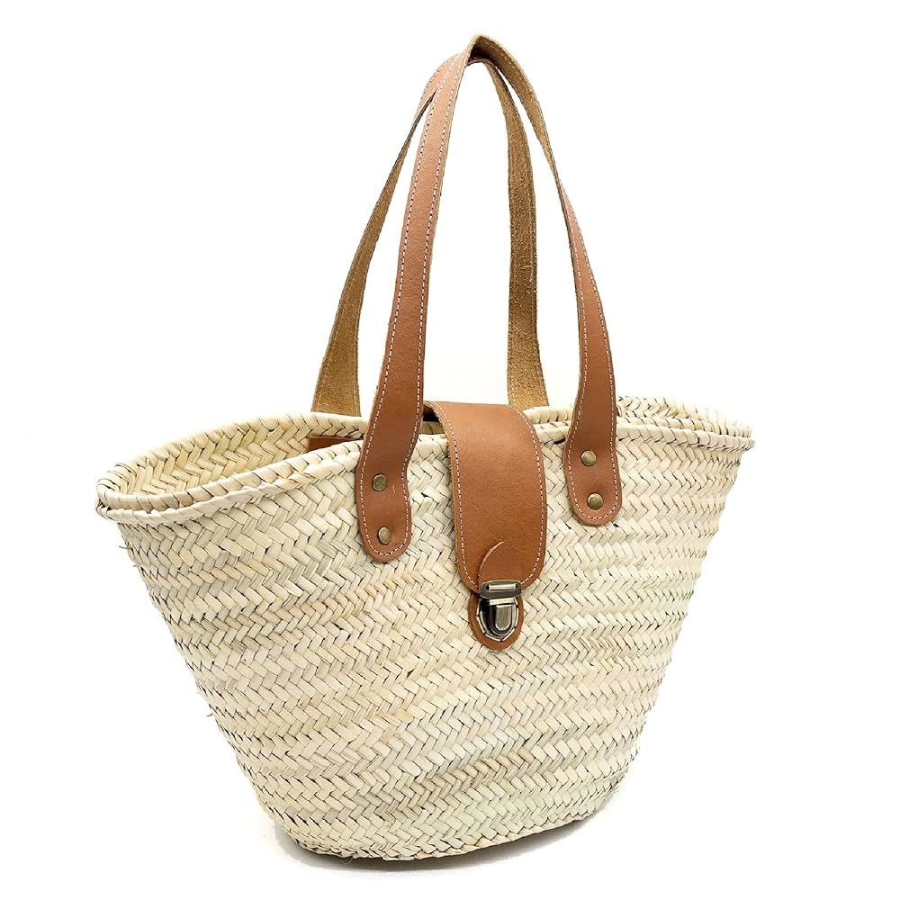 FRENCH BASKET straw bag with leather handles beach bag, straw bag, french market basket, summer b... | Amazon (US)