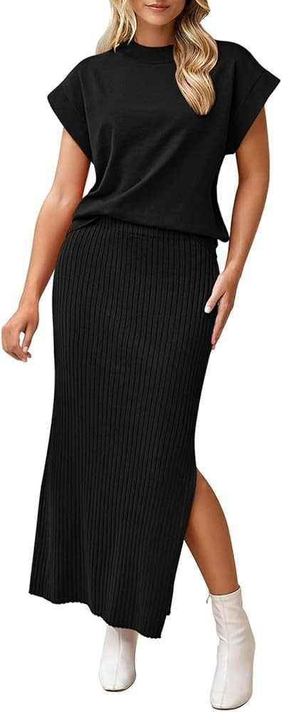 Pink Queen Women's 2 Piece Sweater Outfits Set Summer Cap Sleeve Tops Bodycon Maxi Long Skirt Kni... | Amazon (US)