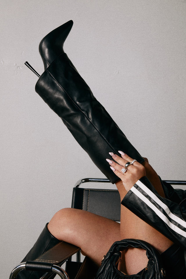 Miss Lola | Kourt Black Knee High Heel Boots | MISS LOLA