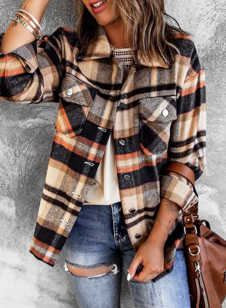 BTFBM Women Long Sleeve Shirts Button Down Plaid Casual Flannel Shirt Boyfriend Blouse Top Jacket Sh | Amazon (US)