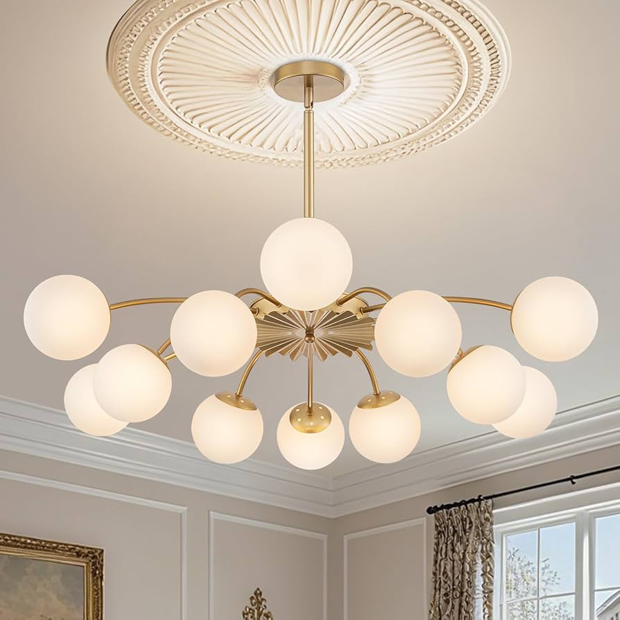 38.1 in. 12-Light Mid Century Modern Sputnik Bubble Chandeliers Ceiling Mount Gold, Milk Blossom ... | Amazon (US)