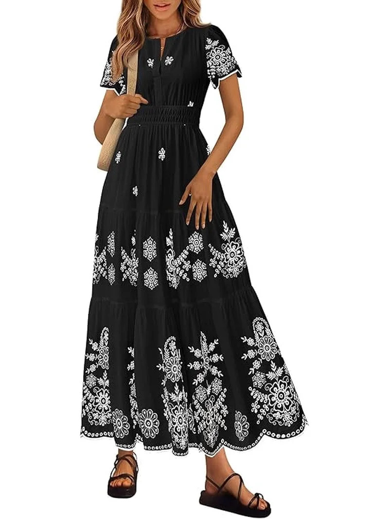 PRETTYGARDEN Boho Dresses for Women Summer Spring Casual Floral Short Sleeve V Neck Maxi Elastic ... | Walmart (US)