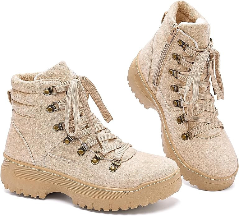 THATXUAOV Womens Fur Lined Ankle Boots,Lace up Combat Boots with Side Zipper,Winter Snow Boots fo... | Amazon (US)