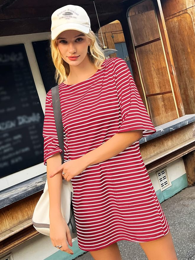 Yousify Women’s T Shirt Dress Cotton Summer Dresses 2025 Casual Loose Short Sleeve Striped Mini... | Amazon (US)