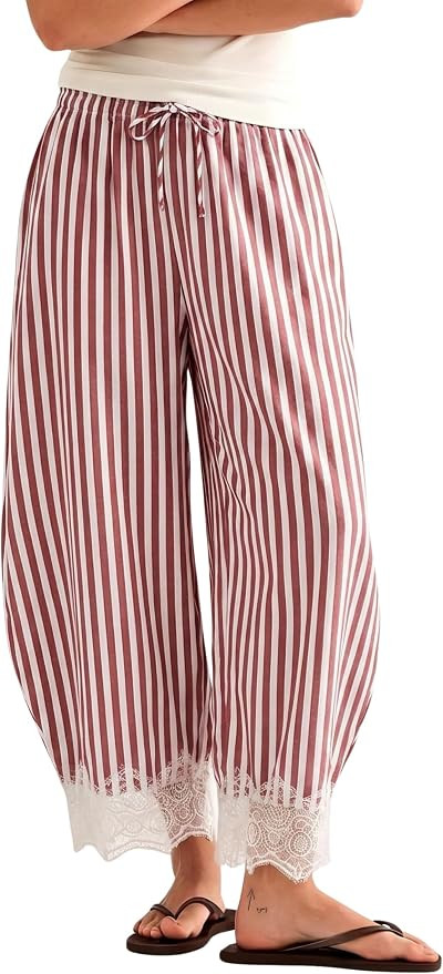 MINSURE Women's Striped Lace-Hem Capri Pants Casual Summer Wide Leg Cropped Palazzo Trousers with... | Amazon (US)