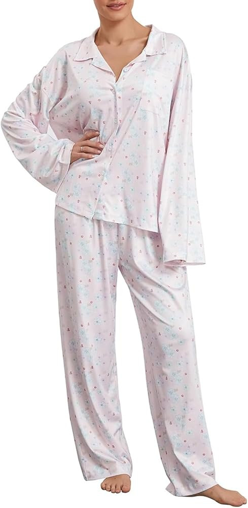 Womens 2 Piece Fruit Floral Pajamas Button Down Pajama Sets Cute Long Sleeve Wide Leg Soft Pjs Lo... | Amazon (US)