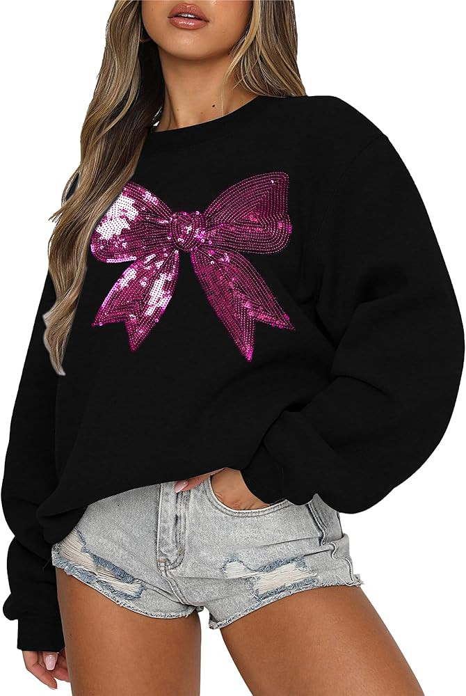 FASHGL Pink Bow Sweatshirt Womens - Sequins Coquette Sweater Casual Round Neck Pullover Sweatshir... | Amazon (US)