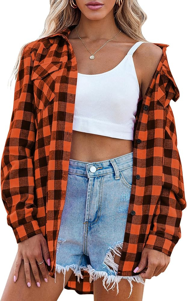 Zeagoo Womens Flannel Shirts Long/Roll Up Sleeve Collared Button Down Plaid Shirt Casual Work Top... | Amazon (US)