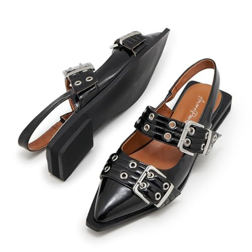 ATBELL Women's Buckle Flats Wide Welt Buckled Slingback Flat Oversize Eyelets Ballerina Shoes Casual Dressy Low Heels Black Size 8.5 | Amazon (US)