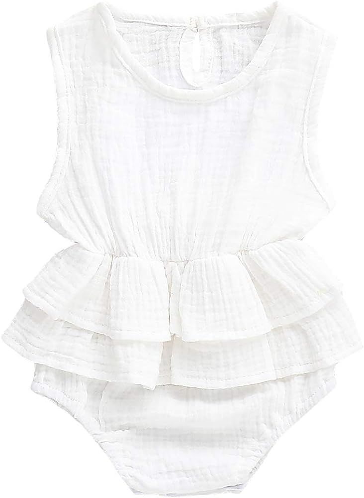 Bowanadacles Newborn Infant Baby Girl Romper Jumpsuit Cotton Linen Sleeveless Ruffled Bodysuit Su... | Amazon (US)