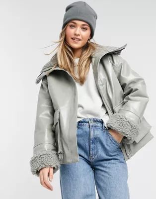 ASOS DESIGN leather look jacket with teddy lining in sage | ASOS (Global)