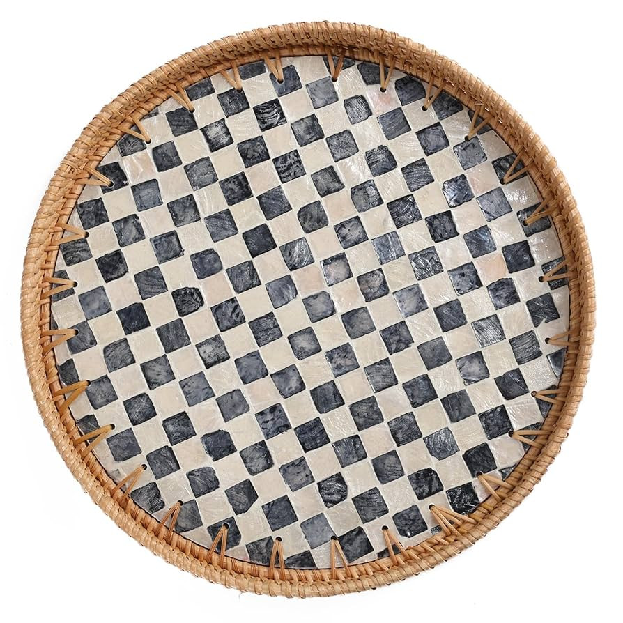 Round Rattan Tray with Mother of Pearl Inlay, Rattan Serving Tray for Coffee, Bread, Fruits, Deco... | Amazon (US)