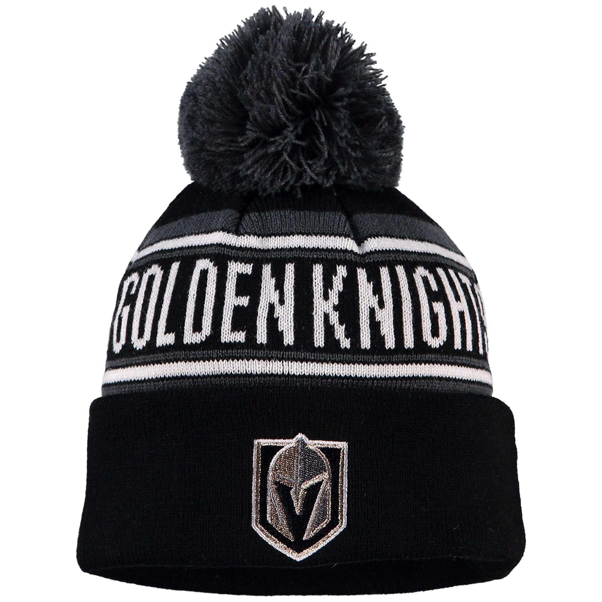 Youth Vegas Golden Knights Black Wordmark Cuffed Knit Hat with Pom | NHL Shop
