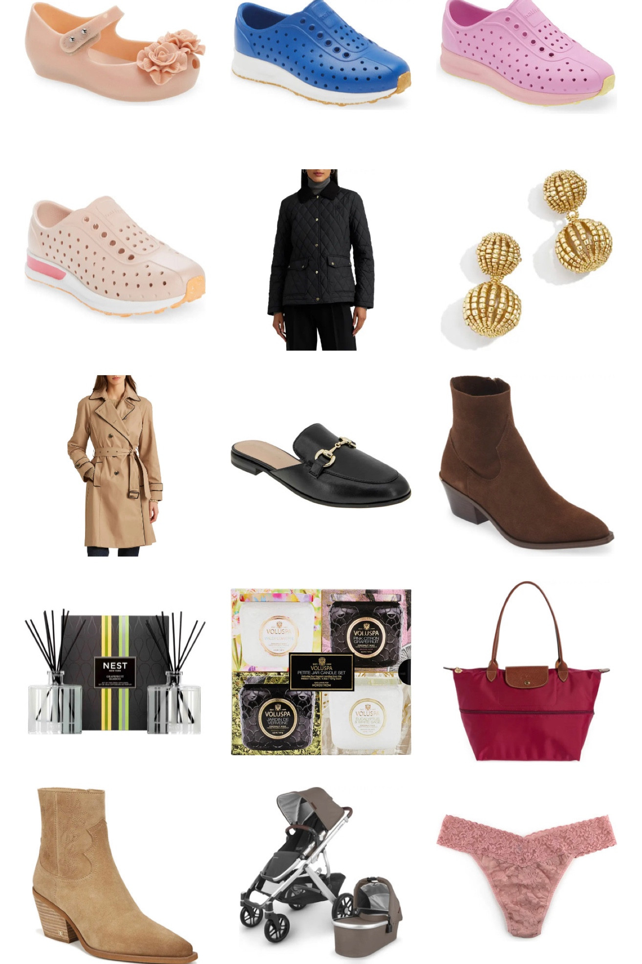 N Sale picks! A few notes:
1. My girls wore mini Melissa shoes when there were smaller and they were so cute.
2. Jack is wearing this new style of natives and he loves them. They have a sportier sole!
3. A classic quilted coat and trench coat will always be timeless.
4. I have some western style boots from a few years ago and these look similar. The slim ankle makes them perfect with kick crop jeans.
5. Longchamp bags are timeless.
6. Nest home fragrances smell incredible.
7. I rarely wear thongs but if I do I like these hanky panky lace ones.
8. We’ve used the uppababy vista stroller for nearly 8 years. It’s THE BEST, especially if you walk a lot and think you will have children close together .

#LTKxNSale #LTKshoecrush #LTKstyletip