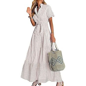 utcoco Womens Casual Short Sleeve Button Down Tie Waist Ruffled Striped Maxi Shirt Dress | Amazon (US)