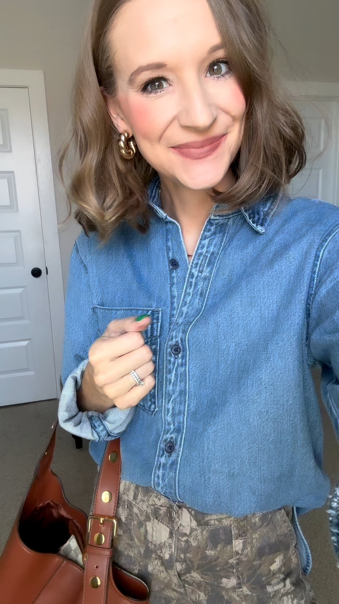 Can I get a yeehaw for this outfit? 🤎👜 I am loving this chic outfit!! My target denim top paired with camo cargo pants and the most perfect brown tote purse!! 

#LTKSeasonal