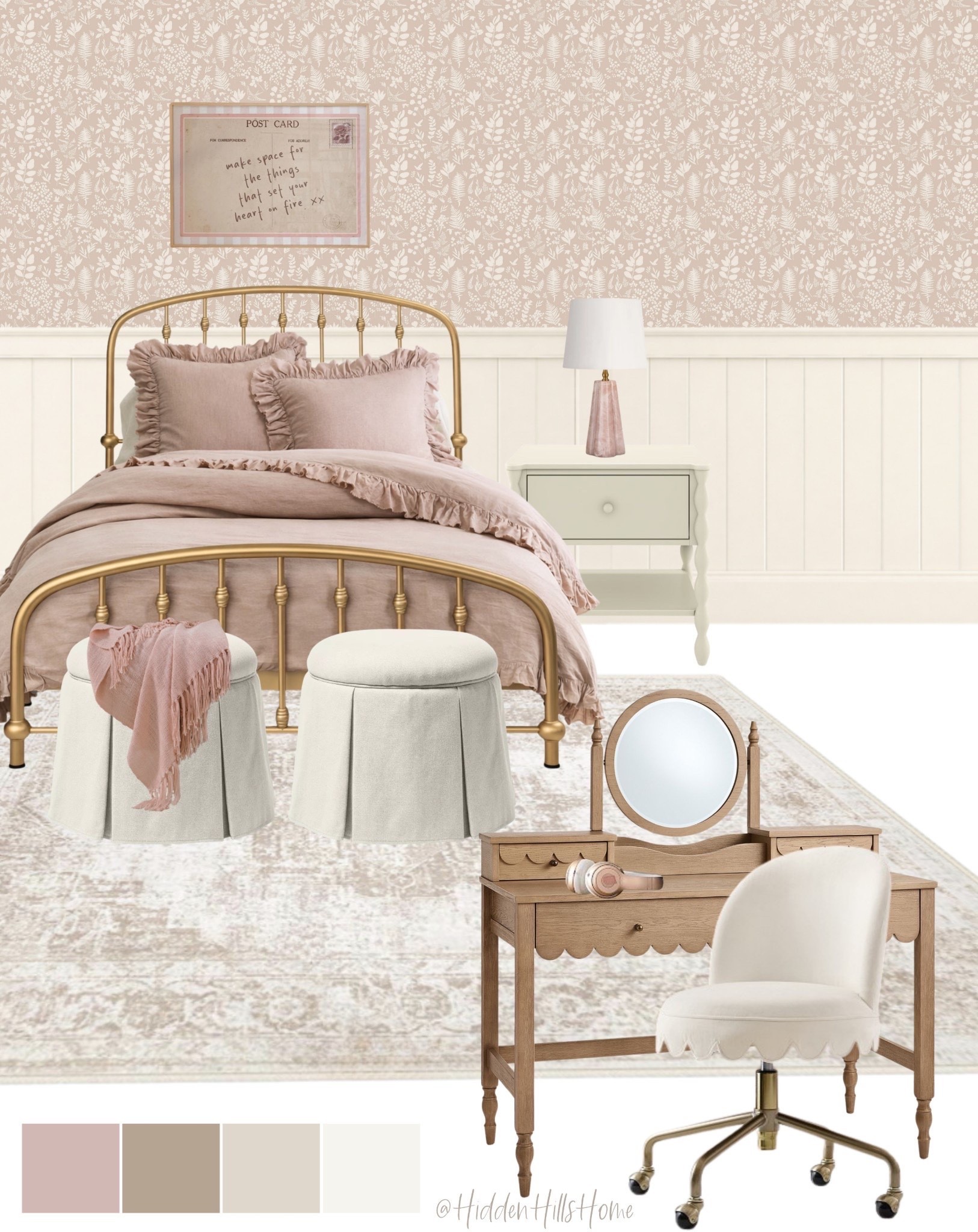 Girls bedroom decor mood board, teen girls room design, home decor, kids bedroom inspiration, girls room with wallpaper, vanity desk #girls

#LTKHome #LTKSaleAlert #LTKKids