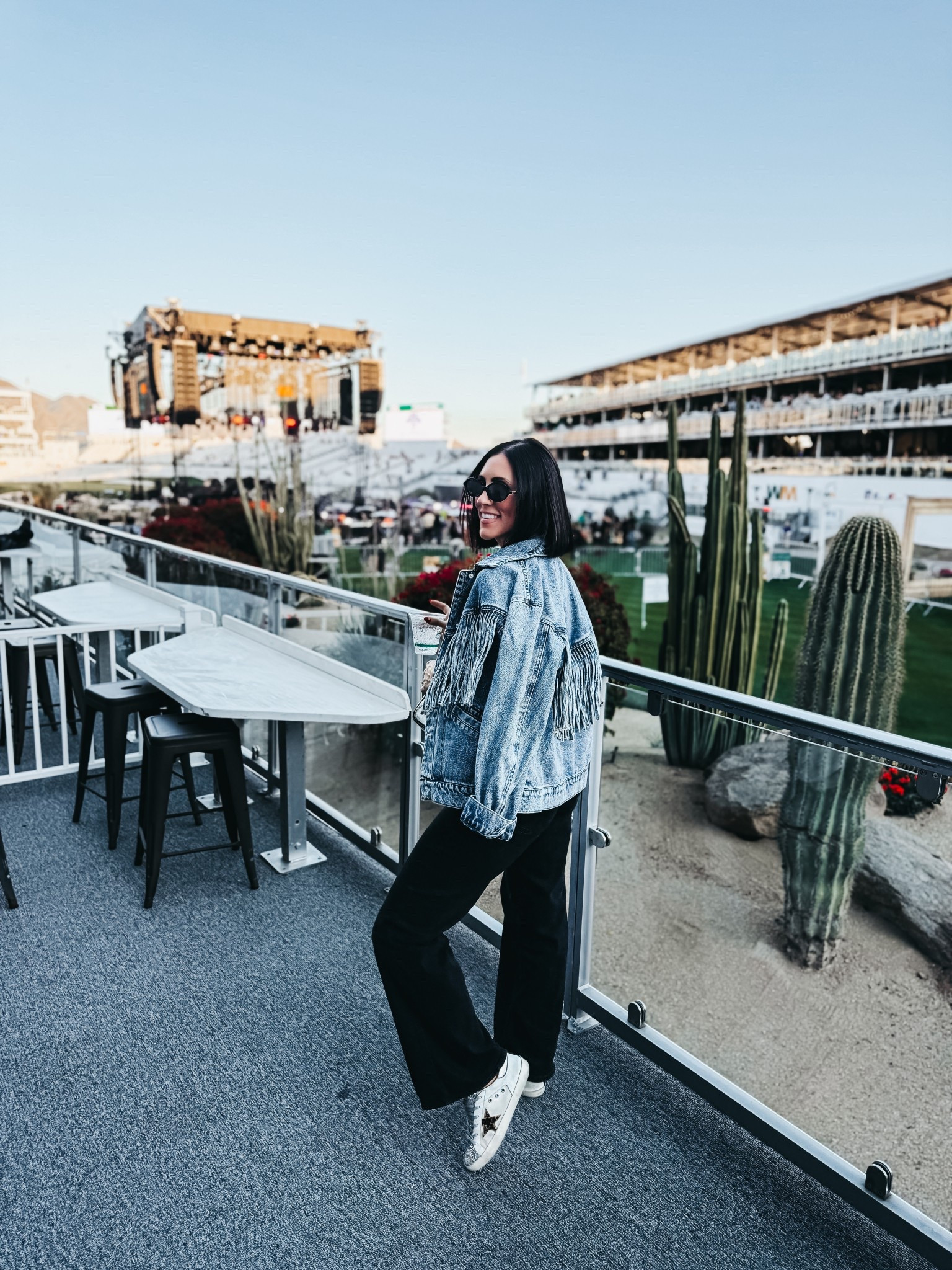 What I wore to the concert at the Coliseum at the WM Phoenix open last night! Microphone 🎤 ⛳️🎸 

* Mesh top — size small 
* fringe denim jacket - size small 
* wide leg, jeans - size 6

#LTKOver40 #LTKmomlife #LTKootd