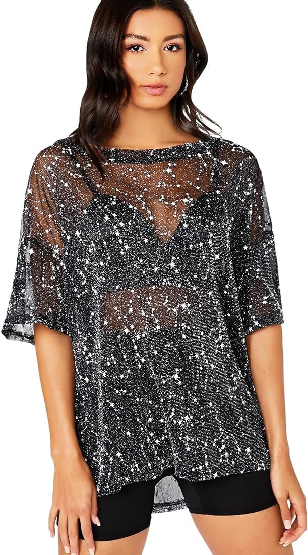 MakeMeChic Women's Summer Short Sleeve Tops See Through Mesh Sheer Sexy T Shirt Blouse | Amazon (US)