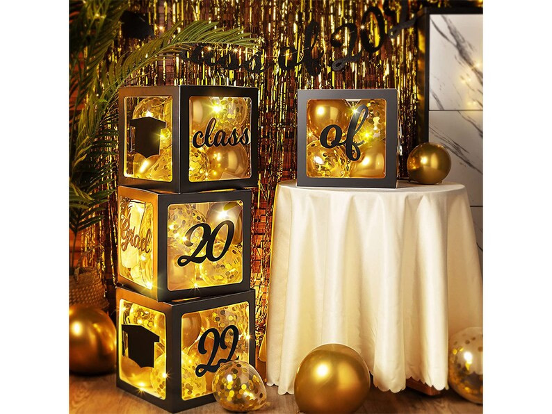Grad Balloons Boxes 4 Pieces Clear Balloon Box with 4 LED Light Strings Confetti Balloons for Cla... | Etsy (US)