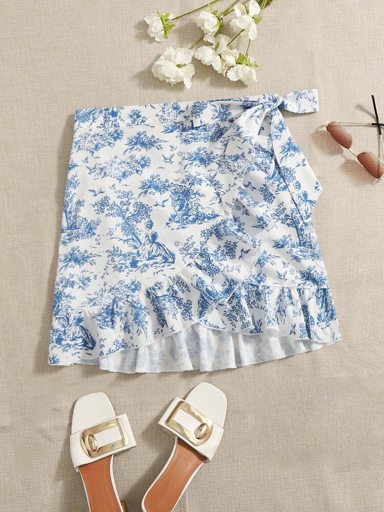SHEIN Figure & Tree Print Knot Side Ruffle Trim Wrap Skirt | SHEIN