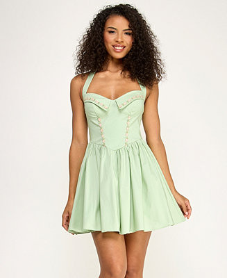 Juniors' Halter Poplin Floral Embroidery and Front Tie Fit & Flare Dress | Macy's