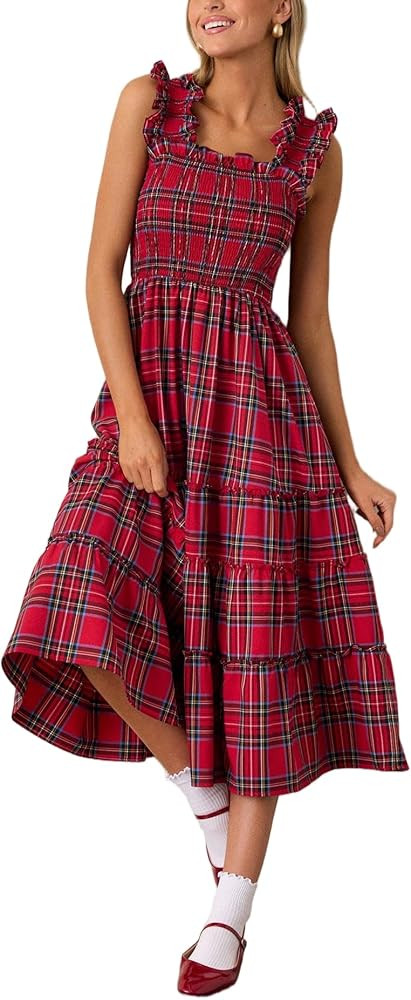 Women Christmas Plaid Ruffle Maxi Dress Fall Gingham Sleeveless Smocked Dress Holiday Checkered F... | Amazon (US)